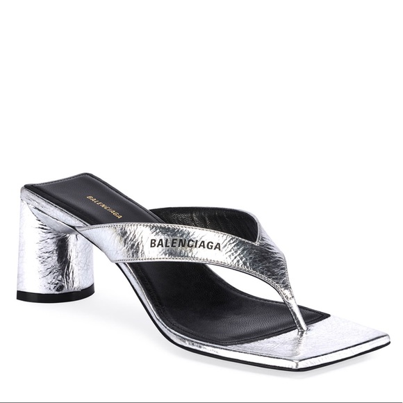 Balenciaga Shoes - Balenciaga silver metallic thong sandal with heel